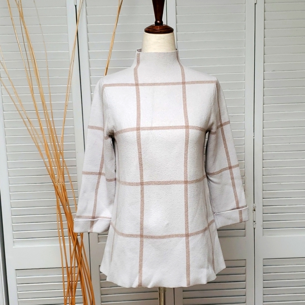 Tahari Check Print Mock Turtleneck Pullover Knit Sweater Size M
